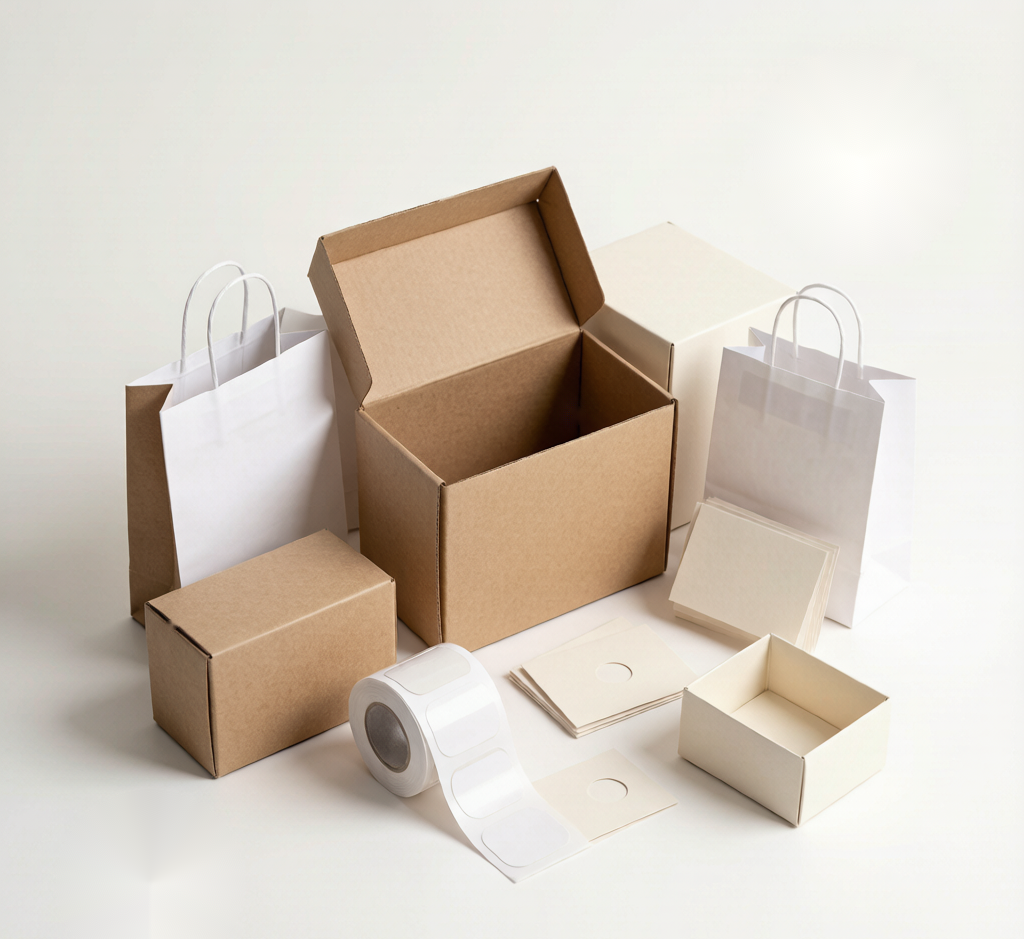 Custom paper boxes, bags, stickers and cards